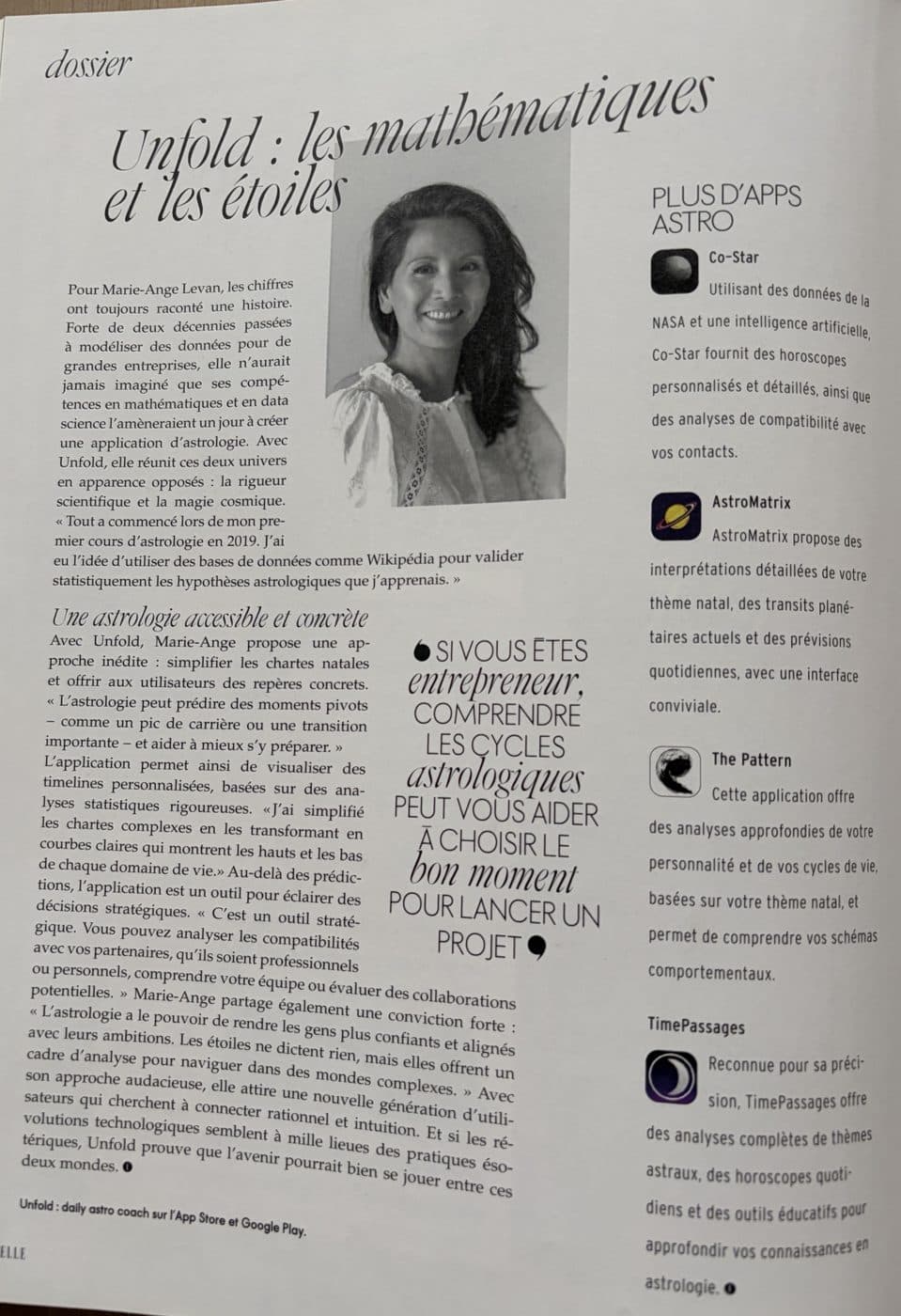 Article du ELLE Belgique sur Marie-Ange : les mathématiques et les étoiles
