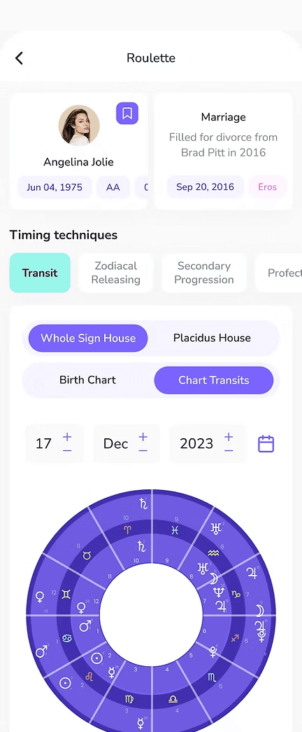 Transit screen with the natal chart and today's planets on the wheel