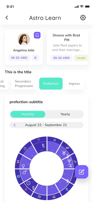 Astrolearn app screen: the theme of the year on Angelina Jolie's birth chart