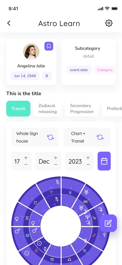 Astrolearn app screen: today's planets placed on Angelina Jolie's birth chart