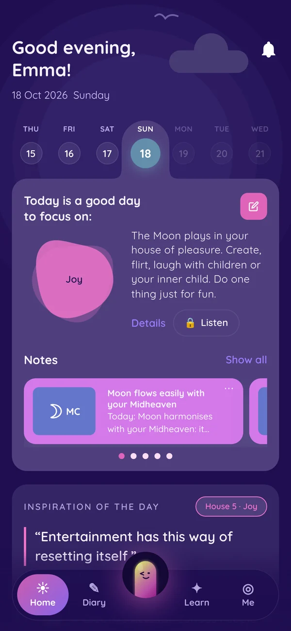 AstroNum app home screen: the focus of your day and your notes