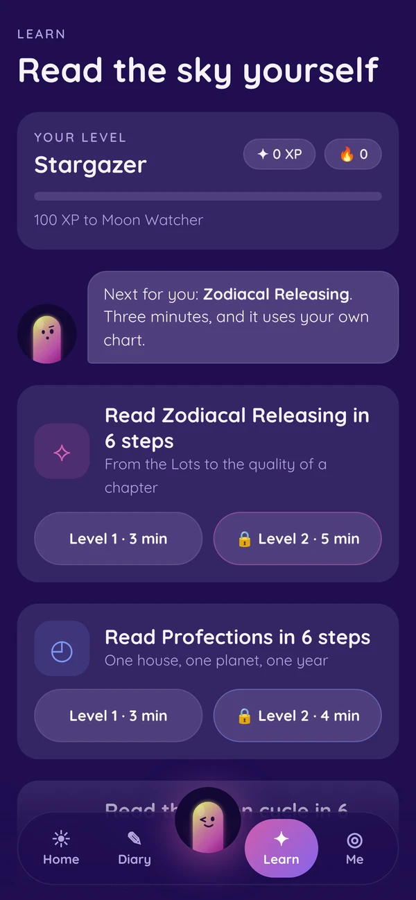 AstroNum app screen: short lessons to read the sky yourself
